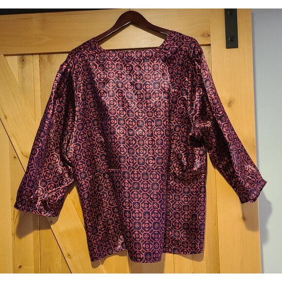 WD Ny Plus Size 3X Pink Blue Satin Silky Babydoll Empire Waist Geometric Blouse - Picture 2 of 13